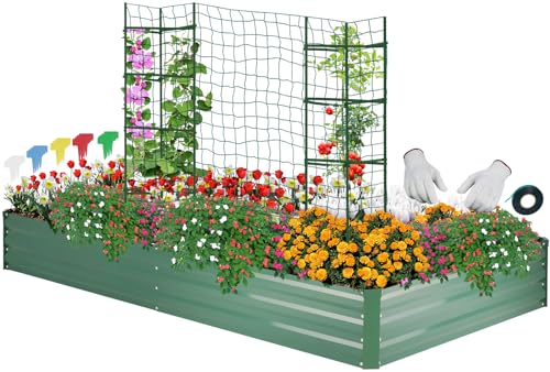 ONCEMORE Galvanized Raised Garden Bed for Vegetables Flowers Herbs, Metal Raised Garden Bed Kit with 2 PCS Tomato Cage, Gloves, Trellis Netting, Plant Labels, Plant Ties, Green 8×4×1FT - color: Green, size: 8x4x1 FT
