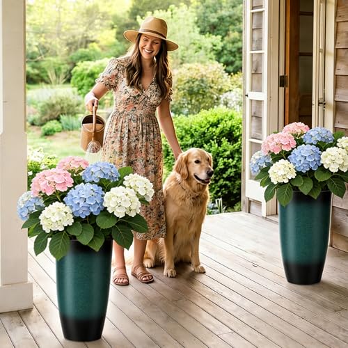 Autodaya 24" Tall Large Outdoor Planters for Plants Set of 2, Faux Ceramic - color: Gradient Turquoise-24"h