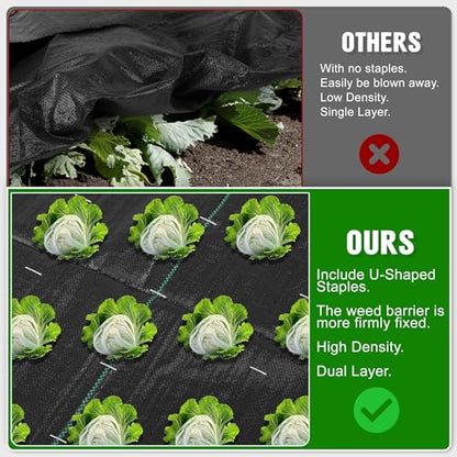 2FT x 50FT Weed Barrier Landscape Fabric Heavy Duty, 3.2oz Premium Gardening Weed Control Mat with 10 U-Shaped Securing Pegs, Ground Cover for Garden Beds, Farming, Underlayment, Commercial Driveway - size: 3.2OZ-2X50FT
