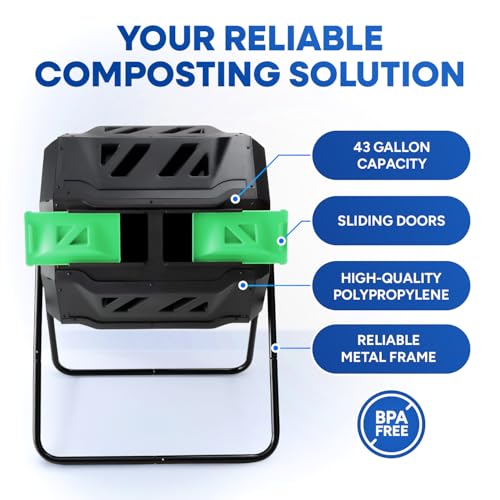 PLASTIC PRINCE Compost Tumbler Rotating Garden Compost Bin Outdoor Dual Chamber 43 Gallon Backyard Composter Tumbling Barrel Mixer Outside, Large, Green - color: Black/Green