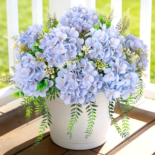 Ammyoo Artificial Hydrangea Flowers with Eucalyptus for Outdoor Decorations - color: Blue