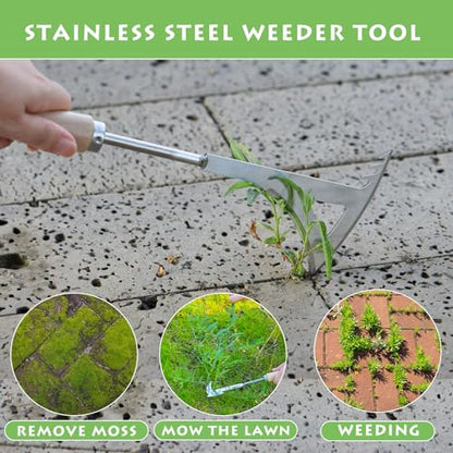 Crack Weeder, 13.4" Stainless Steel Crevice Weeding Tool with Wood Handle, L-Shaped Side-Walk Weed Puller Spatula, for Garden Lawn Yard Patio Terrace Paving Moss, Small Gardening Tool - size: 13.4" Crack Weeder