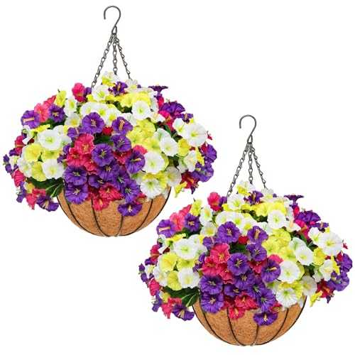 2 Set Artificial Hanging Flowers with Basket for Outdoor Decor - color: Morning Glory