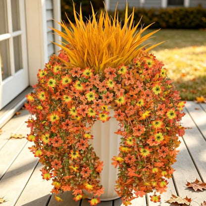 7PCS Artificial Fall Hanging Flowers for Outdoor, Six-Petaled Faux Mums - color: Orange Yellow