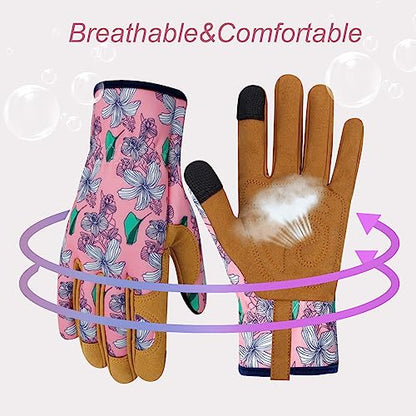 Leather Gardening Gloves for Women Thorn Proof Garden Gloves Touch Screen Working Gloves Gifts,M - color: P Flower