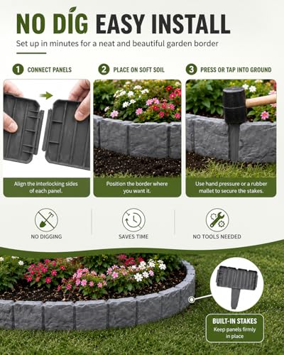 Faux Stone Garden Fence No Dig Landscape Edging Border (Black, 20pcs) - color: black
