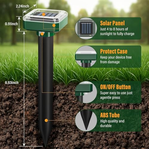 Mole Repellent Solar Powered Waterproof Sonic Spikes, Outdoor Long-Lasting Snake Repelling Stakes, Get Rid of Groundhog Chipmunk Vole for Lawns, Garden, Farm & Yard, 10 Pack