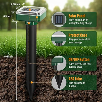 Mole Repellent Solar Powered Waterproof Sonic Spikes, Outdoor Long-Lasting Snake Repelling Stakes, Get Rid of Groundhog Chipmunk Vole for Lawns, Garden, Farm & Yard, 10 Pack
