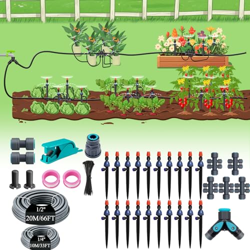 MYMULIKE 100FT Drip Irrigation System, Adjustable Drip Emitters, Upgraded Drip Irrigation Kit Automatic Irrigation Kit Garden Watering System for Flower Bed, Raised Beds, Lawn, Greenhouses - size: 99FT