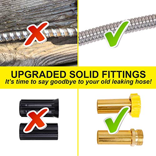 Metal Garden Hose 50FT - Stainless Steel Heavy Duty Water Hose with Metal Nozzle & 8 Function Sprayer, Portable & Lightweight Kink Free Yard Hose, Outdoor Hose