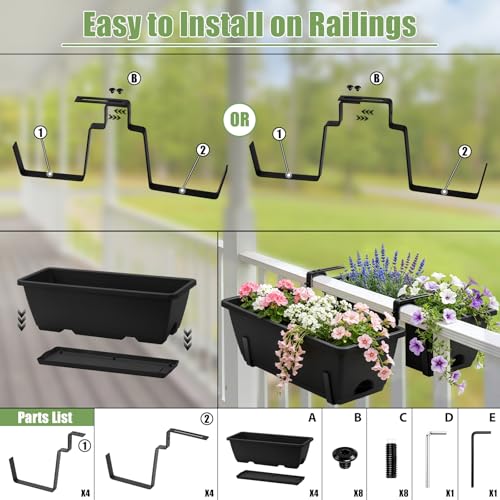 4-Pack Railing Planter Boxes with 2 Sets Double-Sided Adjustable Brackets - color: Black