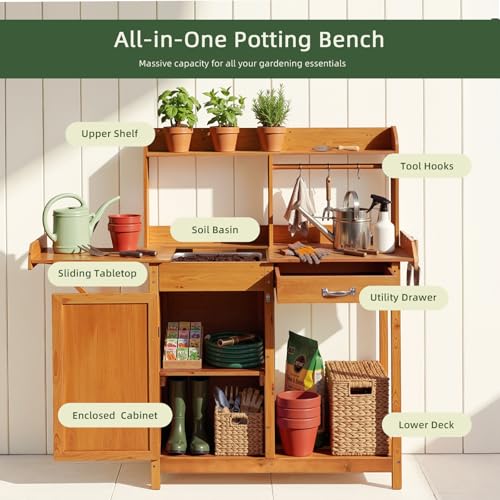 OOOK Potting Bench, Nordic Scots Pine Potting Table with Storage
