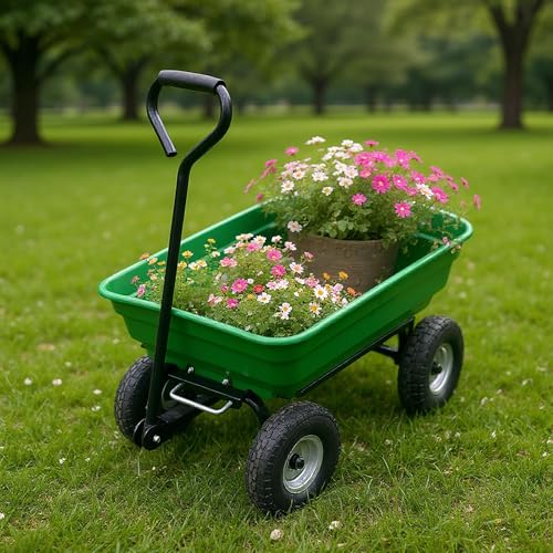 4 Wheel Rolling Utility Garden Cart, Lightweight Plastic Tub Wheelbarrow for Backyard Transport, Green - style: Southwestern
