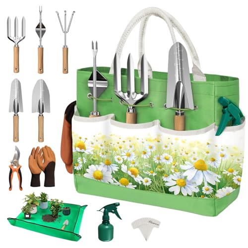 22Pcs Garden Tools Set for Women,Heavy Duty Hand Tool Kit,Birthday Gifts for Mom Wife Grandma Beginner,Gardening Essentials with Large Tote Bag/Repotting Mat/Trowel/Rake/Pruner/Gloves/Plant Tags-Green - color: Green