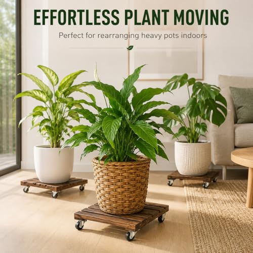 4 Pack Wooden Plant Stand With Wheels, 12" Rolling Planter Base Plant Stand, With Metal Lockable Caster Wheels, For Indoor Outdoor Plant Pots