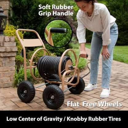 Liberty Garden Industrial 4 Wheel 300 Foot of 0.625 Inch Hose Steel Frame Water Hose Reel Cart for Backyard, Garden, or Lawn, Beige
