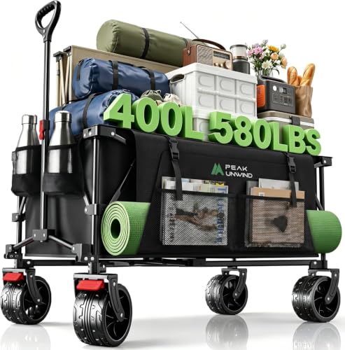 Collapsible Heavy Duty Beach Wagons carts Foldable with Big Wheels, 400L - color: Black