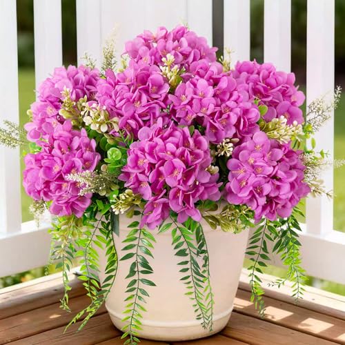 Ammyoo Artificial Hydrangea Flowers with Eucalyptus for Outdoor Decorations - color: Purple