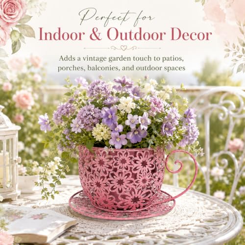 Pink Iron Teacup Planter, Vintage Coffee Cup Flower Pot with Floral Cutout Design, Suitable for Indoor Outdoor Decoration, Ideal for Succulents Flowers, Balcony Garden Decor - color: Pink