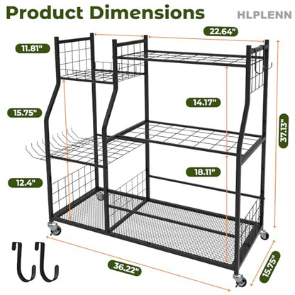 Garden Tool Organizer with Wheels, Metal Rack for Long Handled Tools