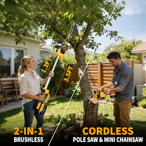 12" Telescoping Codless Chainsaw, 2-in-1 Cordles Pole Saw with 2 x 4.0Ah Batteries, 21V Brushless ChainSaw with 2 Chains & 2 Guide Plates, Tool-Free Tension, for Tree Trimming & Branch Cutting