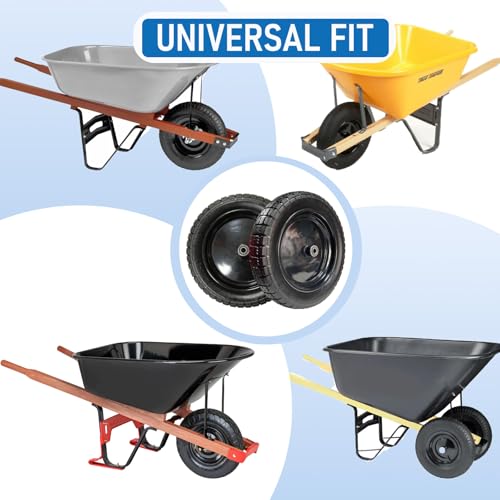 15" Flat-Free Wheelbarrow Tire and Wheel - 4.80/4.00-8 Solid PU Tire, Puncture Proof Replacement Tires, Fits 5/8" Bushing & Axle Bore for Utility/Garden Carts (2-Pack, Black) - size: 15"/4.00-8