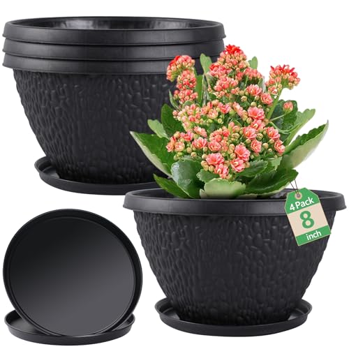 Nooulap 8 inch Plant Pots, Indoor Outdoor Small Planters, 4 Pack - color: Black Pebbles, size: 8 inch