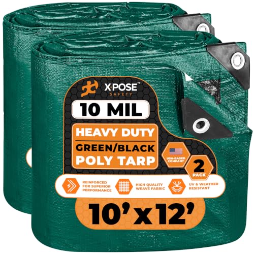 Heavy Duty Poly Tarp - 10' x 12' (2-Pack) - 10 Mil Thick Waterproof, UV Blocking Protective Cover - Reversible Green and Black - Laminated Coating - Grommets - by Xpose Safety - color: Green/Black, size: 10 Feet X 12 Feet (2pk)