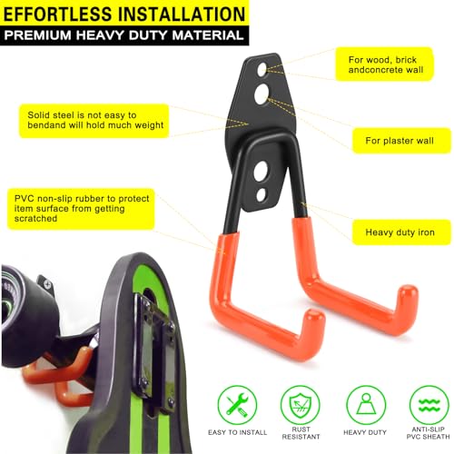 6 Pack Garage Hooks Heavy Duty Storage Organizer Wall Mount Power and Garden Tool Hangers, for Hanging Ladders, Ropes, Hose, Bulk Items - color: Orange 6 pack