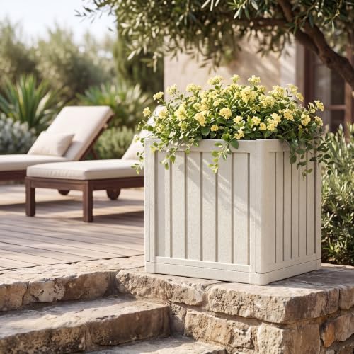 17.7" Large Square Planter Box for Outdoor Plants, Beige - color: Beige