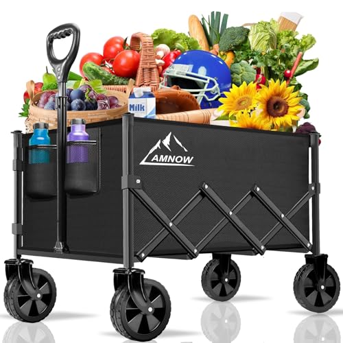 AMNOW 100L Collapsible Wagon Cart with All Terrain Wheels, 350LBS, Black - color: Black-6