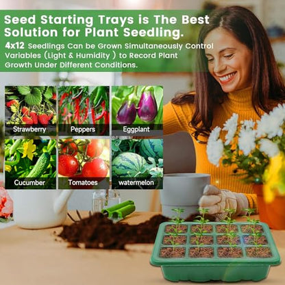 Seed Starter Tray with Grow Light，4 Pack Seed Starter Kit with Timing Controller Adjustable Brightness, Heightened Lids Growing Trays for Greenhouse & Gardens (Green)