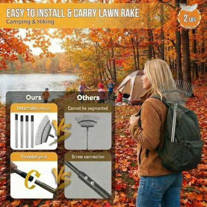 Metal Bow Leaf Rake with 25 Steel Teeth & 68" Stainless Steel Handle - size: 68-IN