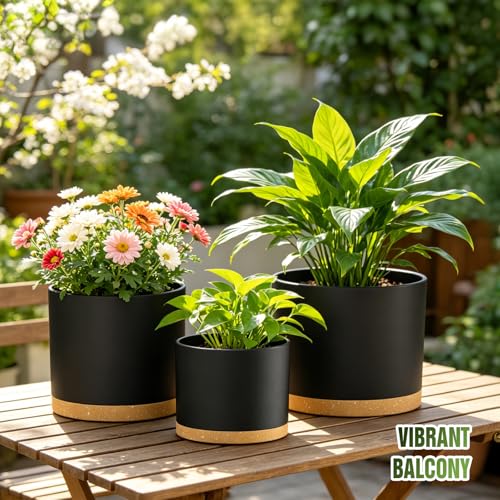 10/9/8 Inch Plant Pots 3 Pack, with Drainage Hole & Saucers - color: Matte Black&brown