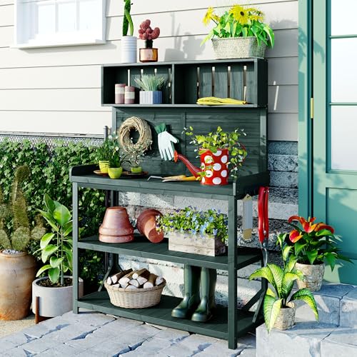 Outdoor Potting Bench Table with Storage, Farmhouse Wood Garden Tables with Storage Shelves and Side Hooks, Potting Tables for Outside, Patio, Backyard, Easy Assembly, Dark Green - size: 65'' Dark Green