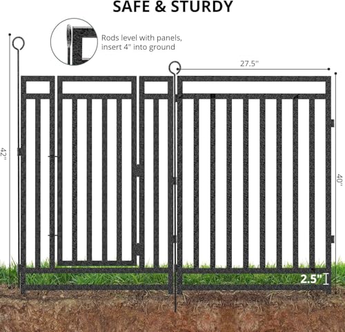 Decorative Garden Fence Metal Dog Fence Outdoor for Yard, 18ft (L) × 40in (H), 7 Panels + 1 Gate, Heavy Duty Animal Barrier Fencing for Patio & Flower Bed, No Dig, Black-Silver - size: 40in(H)x18ft(L)