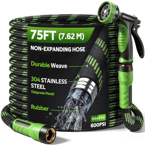 NON-EXPANDABLE Garden Hose 75 FT Water Hose with 10-Function Spray Nozzle - size: 75ft