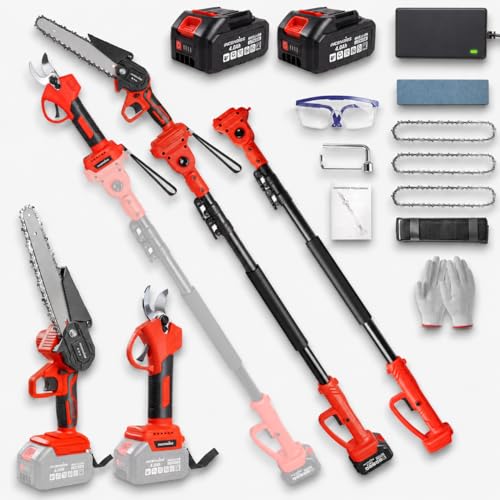 4-in-1 Cordless Pole Saw & Pruning Shears Combo Kit with 2X 4.0Ah Batteries - color: Red