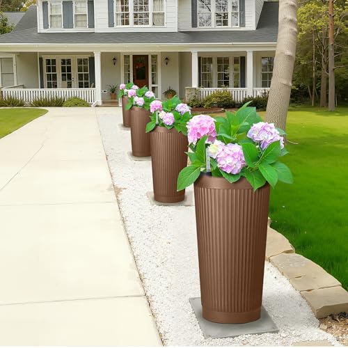 FENCY Self Watering Tall Planters Set of 2, Brown Round - color: Brown-round Ribbed