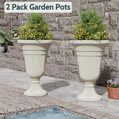 Tall Plastic Urn Planters and Pedestal - 24" Outdoor Planter Beige - color: White-trophy