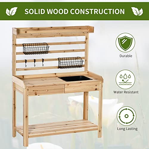 Potting Bench Table, Garden Work Bench, Workstation with Metal Sieve Screen, Removable Sink, Additional Hooks and Baskets for Patio, Courtyards, Balcony, Natural
