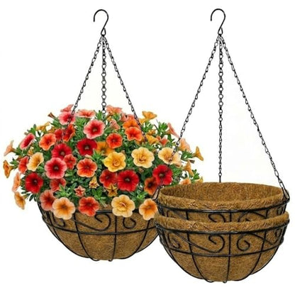 10 Inch Hanging Baskets for Plants Outdoor, 3 Pack Metal Wire Hanging Planters with Coco Coir Liners, Rust-Resistant Flower Basket with Chains & Hooks for Garden Patio Porch Deck Balcony - size: 10IN-3PCS, style: Flower Border