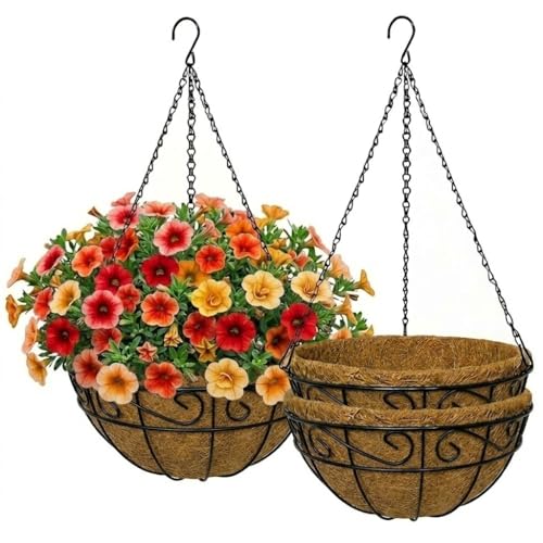 12 Inch Hanging Baskets for Plants Outdoor, 3 Pack Metal Wire Hanging Planters with Coco Coir Liners, Rust-Resistant Flower Basket with Chains & Hooks for Garden Patio Porch Deck Balcony - size: 12IN-3PCS, style: Flower Border