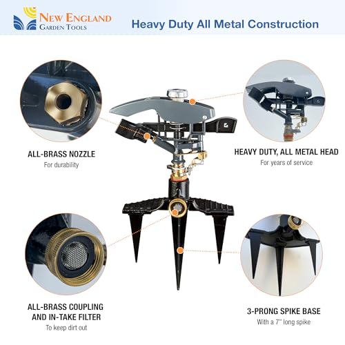 Heavy Duty Impact Pulsating Sprinkler 300004, Powerful Jet Reach 80 ft Diameter, 360° Range Control to Cover up to 5,000 Sq Ft for Farm, Lawn and Garden Irrigation, by New England Garden Tools