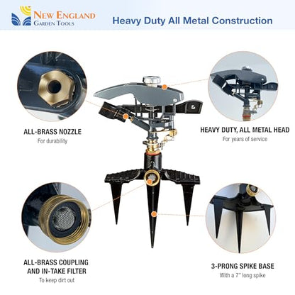 Heavy Duty Impact Pulsating Sprinkler 300004, Powerful Jet Reach 80 ft Diameter, 360° Range Control to Cover up to 5,000 Sq Ft for Farm, Lawn and Garden Irrigation, by New England Garden Tools