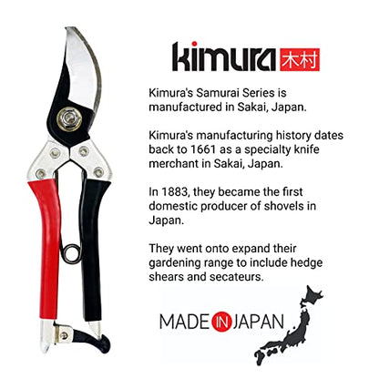 Kimura® 8" Samurai Garden Pruning Shears, [Made in Japan], Heavy Duty Premium Japanese Yasugi Steel Blades, Non-Slip Vinyl Coated Handles, Ergonomic, Japanese Bypass Pruning Shears