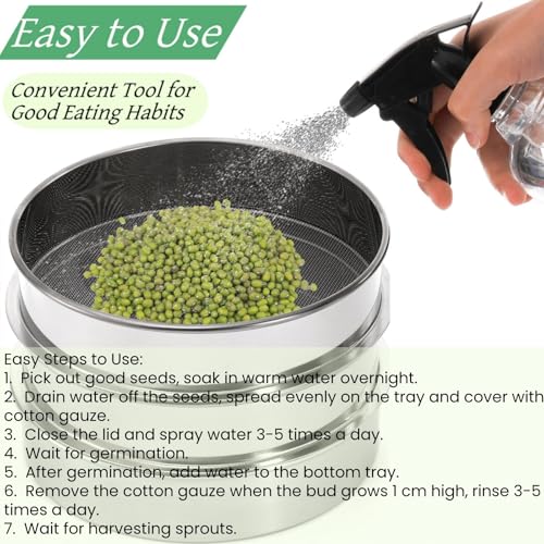 Tlence 9" Stackable Stainless Steel Seed Sprouting Kit, 3-Tier Mesh Germination Tray, Seed Sprout Grower with Lid Base, Microgreens Propagator for Beans Peas Broccoli Wheat Grass, Soil Free
