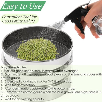 Tlence 9" Stackable Stainless Steel Seed Sprouting Kit, 3-Tier Mesh Germination Tray, Seed Sprout Grower with Lid Base, Microgreens Propagator for Beans Peas Broccoli Wheat Grass, Soil Free