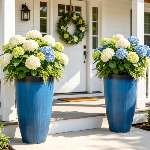 Autodaya 24" Large Tall Outdoor Planters Set of 2, Faux Ceramic Flower Pots - color: 24"h-gradient Cobalt Blue