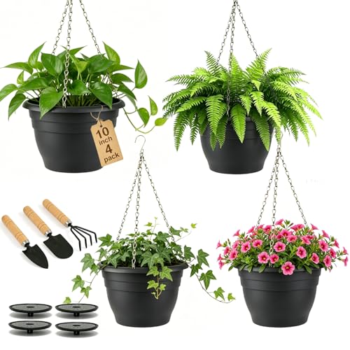 Drzewo Hanging Planters, 10 inch Hanging Plant Pot,4pcs self Watering pots for Indoor Plants with Hanger Chain & Drainage HoleHanging Planters for Indoor Outdoor Plants Patio Porch Decor